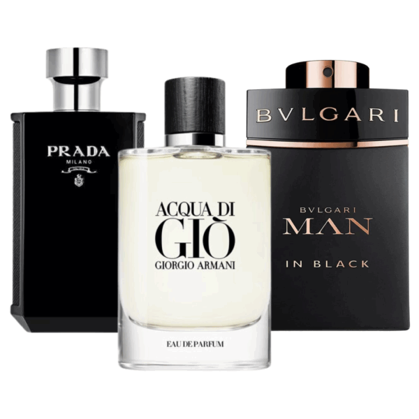 Bundle of 3 Fragrances Bvlgari In Black, Giorgio Armani Acqua Di Gio, y L'Homme Prada Intense 100ml
